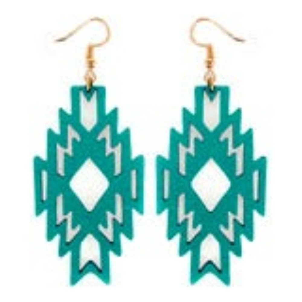 NWT Womans Turquoise Wood Aztec Diamond Earrings